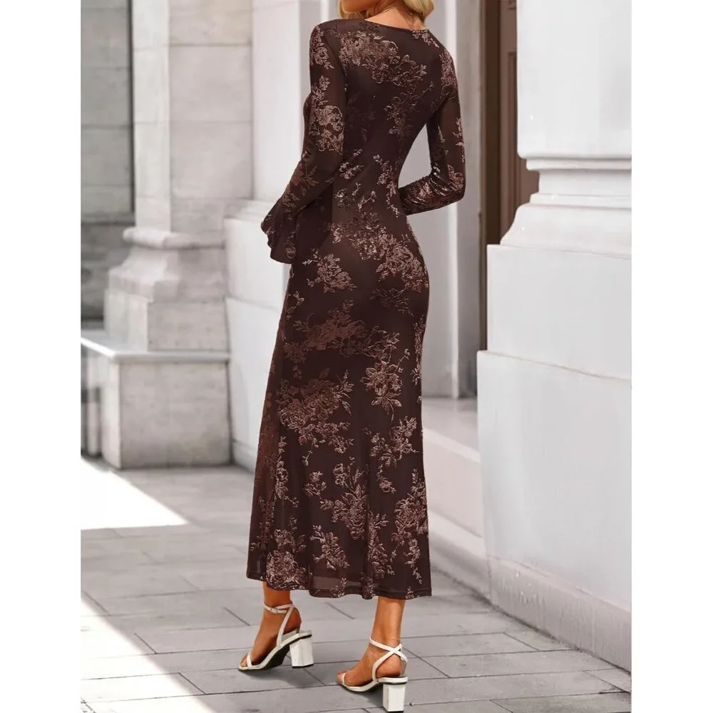 Women's Brown Long Sleeve Spring Fashion Bodycon Mesh Floral Maxi Dress